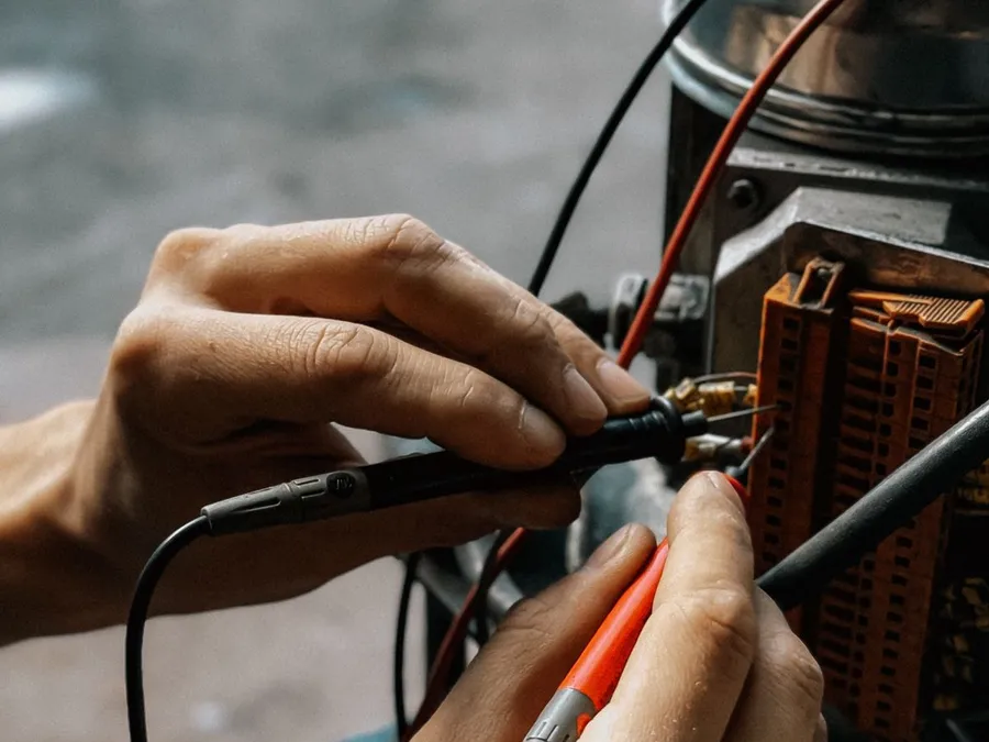 Técnico midiendo en la caja de bornes de un motor eléctrico