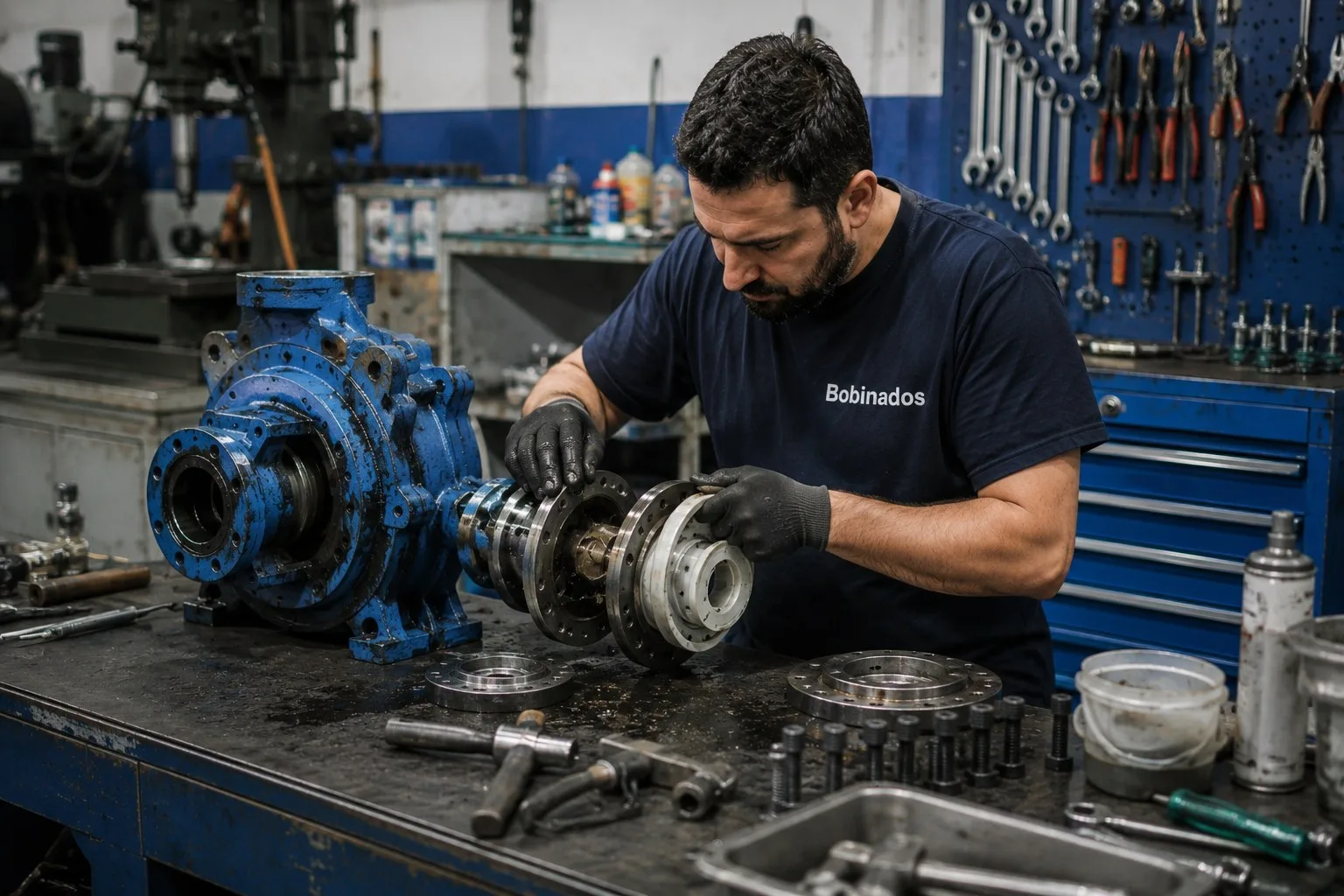 Técnico de Bobinados Barcelona reparando electrobomba centrífuga industrial